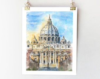 Impression d'art aquarelle de la Cité du Vatican : Basilique Saint-Pierre, Rome