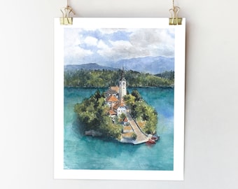Bleder See Slowenien Kunstdruck | Aquarell Reiseposter