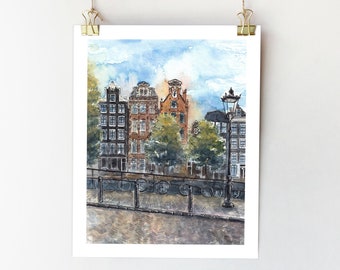 Amsterdam Houses Watercolor Art Print, City Sketch