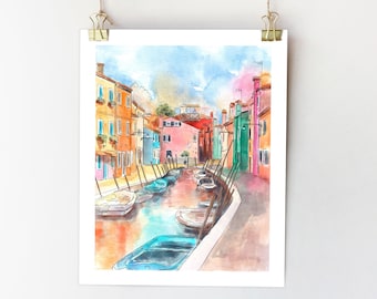 Peinture de Venise, art mural de Burano, impression de Venise, affiche de voyage, impression de l'Italie, peinture de Venise, aquarelle de l'Italie, maisons colorées, art de Venise