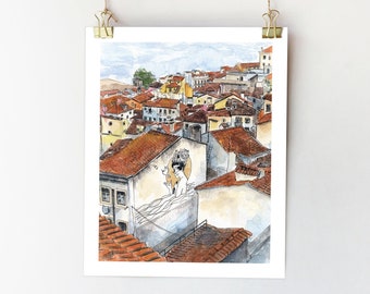 Lisbon Portugal Art Print: Alfama City View Watercolor