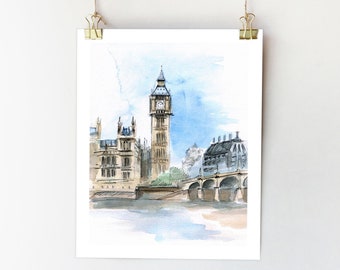 London Watercolor Print: Big Ben Art, City Sketch