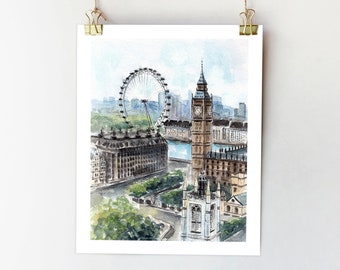 London print. London wall art. London watercolor painting. London eye print Big Ben sketch. London illustration. London artwork. London city