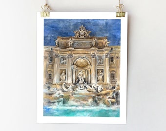 Rome print Trevi Fountain at night Italy wall art Rome sketch Rome poster Trevi Fountain nighttime Night lights Rome architecture print