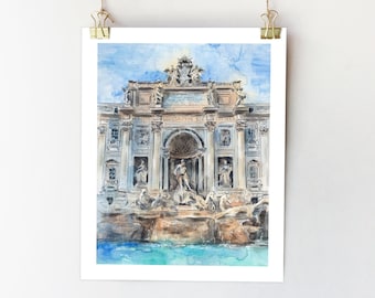 Rome print Trevi Fountain art Italy wall art Rome sketch Rome poster Trevi Fountain painting Italy watercolour Rome architecture print