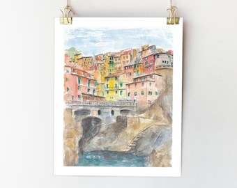 Cinque Terre Art Print: Italian Riviera Watercolor Travel Poster