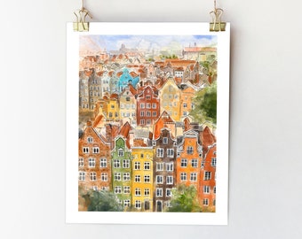 Gdansk print Gdansk Poland art Poland wall art Architecture sketch Travel poster Gdansk painting City watercolour Europe architecture print