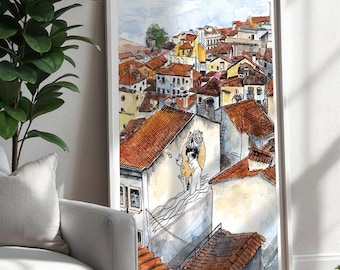 Lisbon Portugal Watercolor Art Print: Alfama City View, Travel Decor