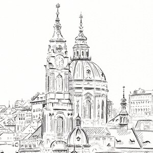 May include: A black and white line drawing of a church with two towers and a dome. The church is surrounded by other buildings, all drawn in the same style.