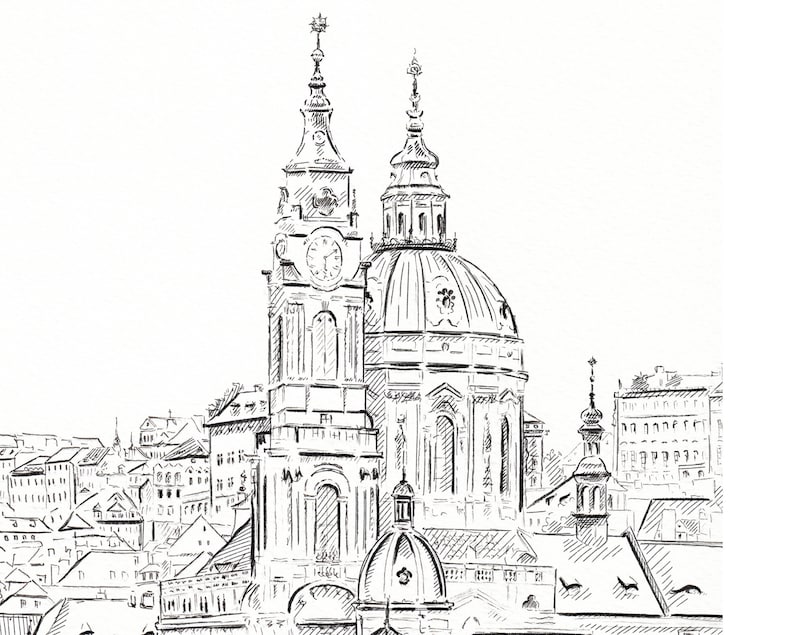 May include: A black and white line drawing of a church with two towers and a dome. The church is surrounded by other buildings, all drawn in the same style.