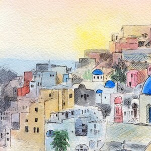May include: A watercolor painting of a cityscape with blue domed buildings, white houses, and a bright yellow sun in the sky.