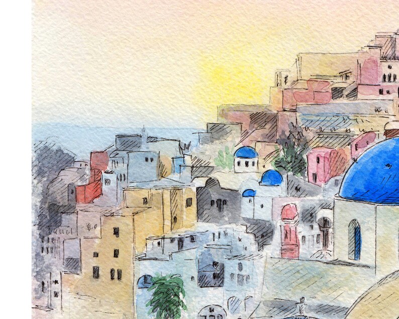 May include: A watercolor painting of a cityscape with blue domed buildings, white houses, and a bright yellow sun in the sky.
