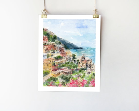 Positano Italy Art Print, Amalfi Coast Watercolor Painting