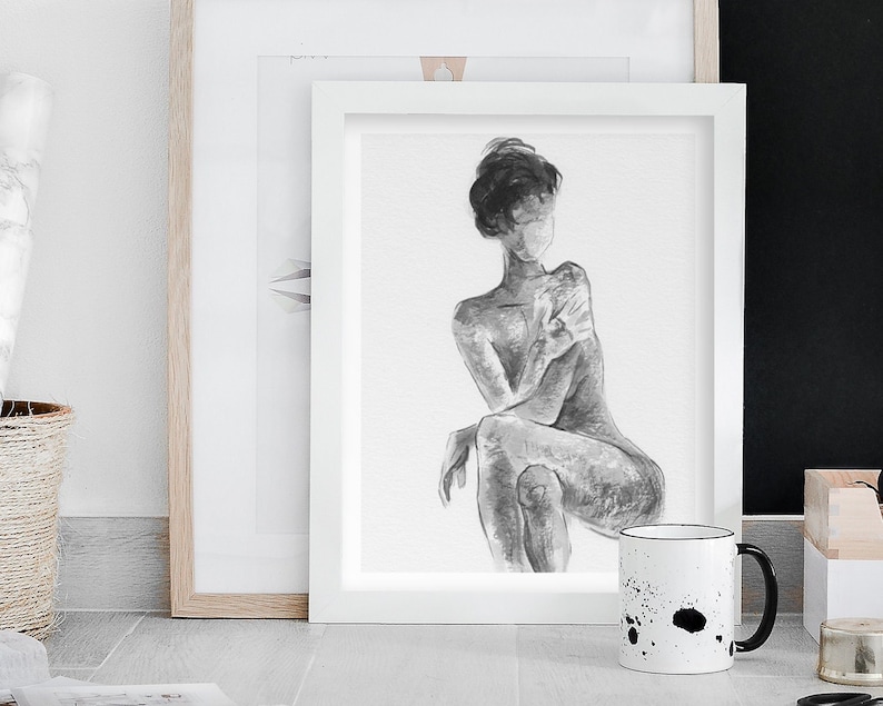 Impression de dessin de figure Femme silhouette art impression Nu Femme art Esquisse de nu minimaliste Esquisse minimale Impression noire et blanche 5x7 /8x10/11x14 image 1