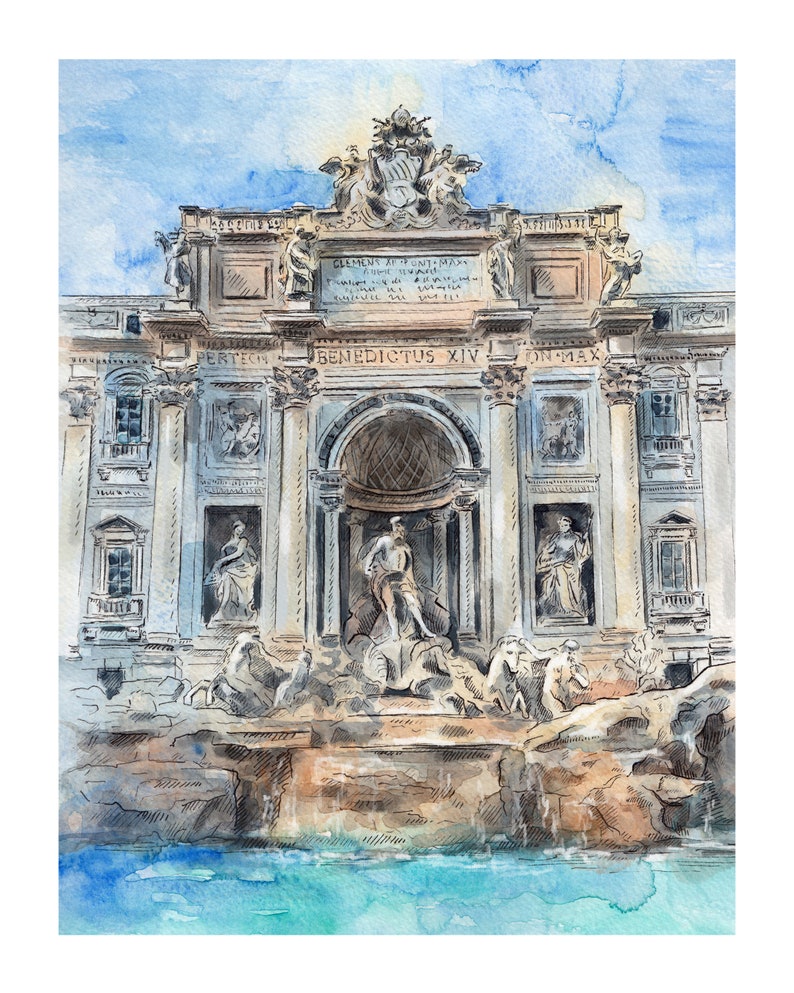 Rome print Trevi Fountain art Italy wall art Rome sketch Rome poster Trevi Fountain painting Italy watercolour Rome architecture print image 4