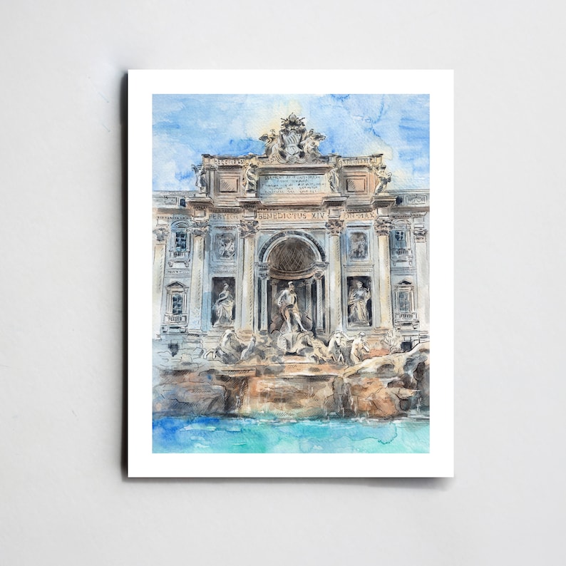 Rome print Trevi Fountain art Italy wall art Rome sketch Rome poster Trevi Fountain painting Italy watercolour Rome architecture print image 2