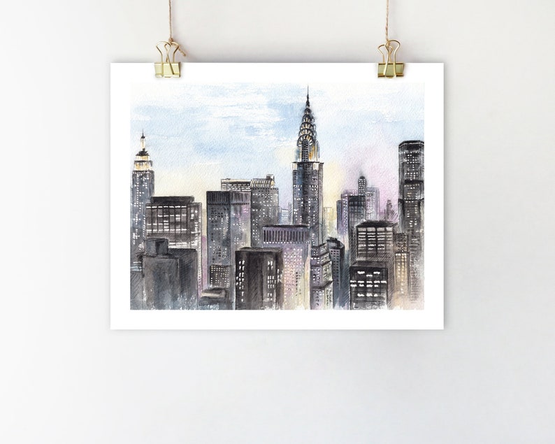 New York City Wall Art Print Nyc Skyline Watercolor Painting Cityscape Architecture