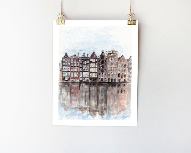 Amsterdam print Amsterdam city art Europe wall art Travel sketch Amsterdam poster Holland watercolor City painting Amstedam houses 5x7 8x10 image 1