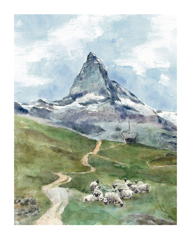 Matterhorn Kunstdruck Matterhorn Schweiz Wandkunst Walliser Alpen Druck Zermatt Aquarell Berge Plakat Schweiz Kunstdruck Bild 3