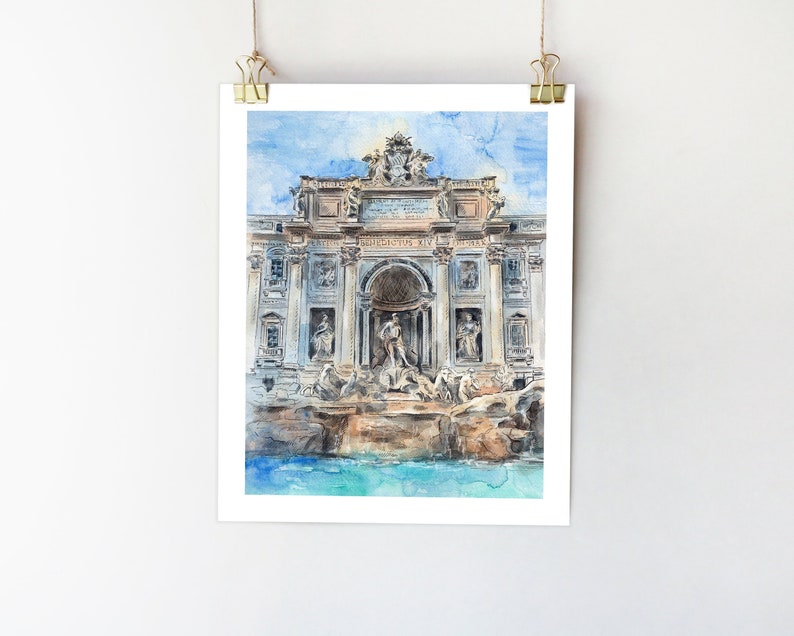 Rome print Trevi Fountain art Italy wall art Rome sketch Rome poster Trevi Fountain painting Italy watercolour Rome architecture print image 1