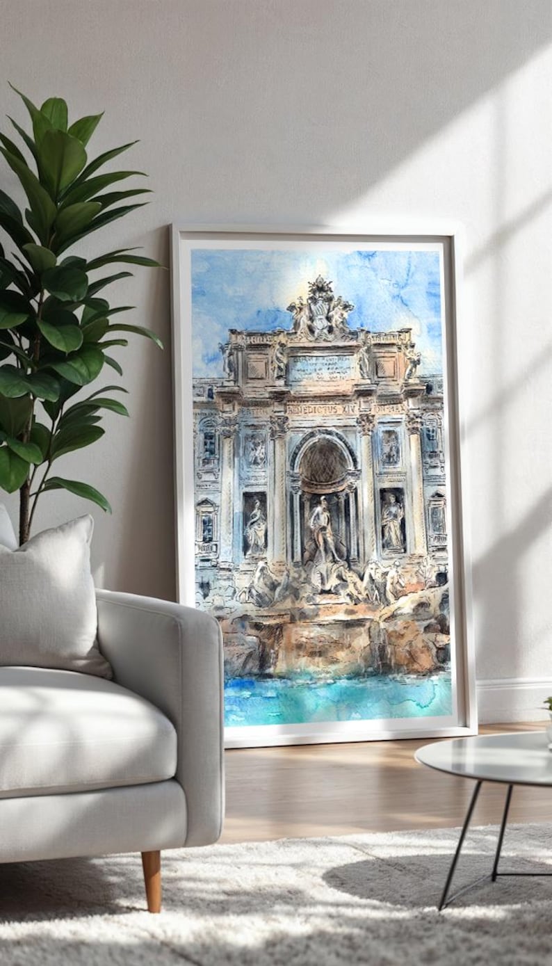 Rome print Trevi Fountain art Italy wall art Rome sketch Rome poster Trevi Fountain painting Italy watercolour Rome architecture print image 3