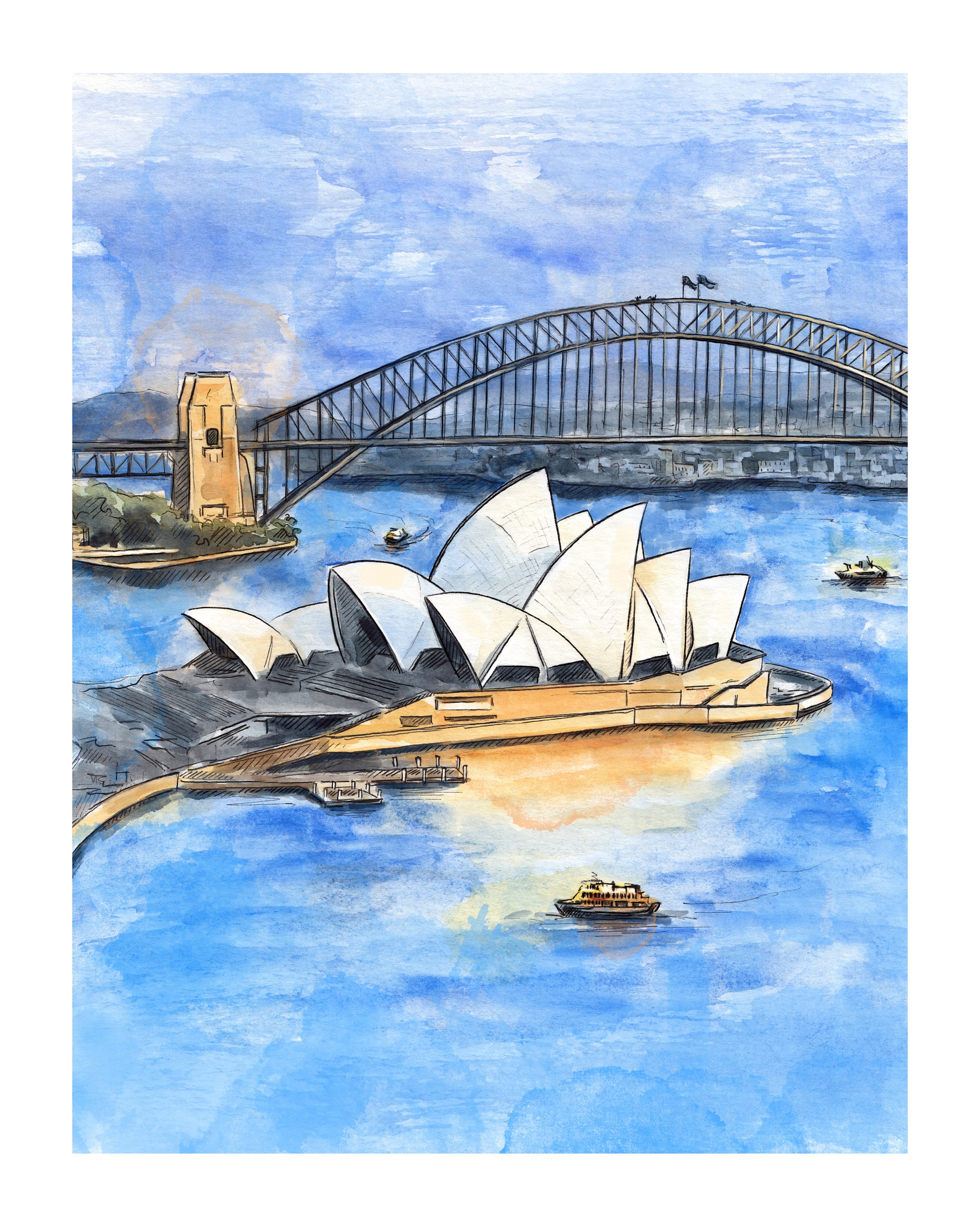 オーストラリア　シドニー風景　絵画　水彩画　原画 エヴァ・ハンナ シドニーの港 海 絵画 風景画 オーストラリア 油絵
