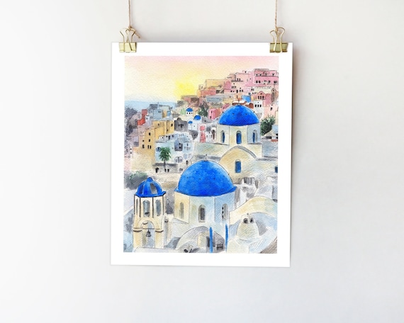Santorini Greece Art Print: Watercolor City Sketch