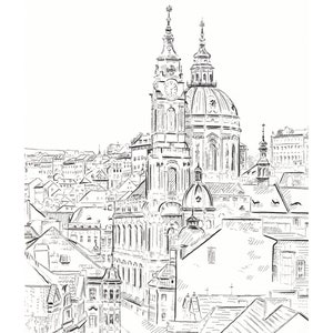 May include: A black and white line drawing of a church with two towers and a dome. The church is surrounded by other buildings, all drawn in the same style.