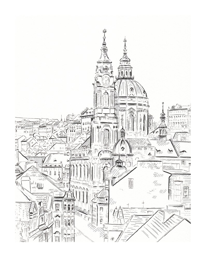 May include: A black and white line drawing of a church with two towers and a dome. The church is surrounded by other buildings, all drawn in the same style.