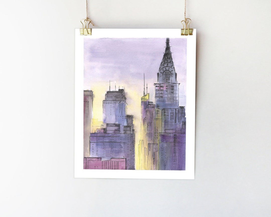 New York City Skyline Watercolor Art Print: NYC Sunset - Etsy