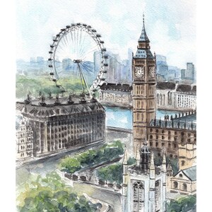 May include: Watercolor painting of London landmarks, including the London Eye Ferris wheel, Big Ben clock tower, and other buildings. The artwork features a soft color palette of blues, greens, and browns, capturing a cityscape scene under a light blue sky.