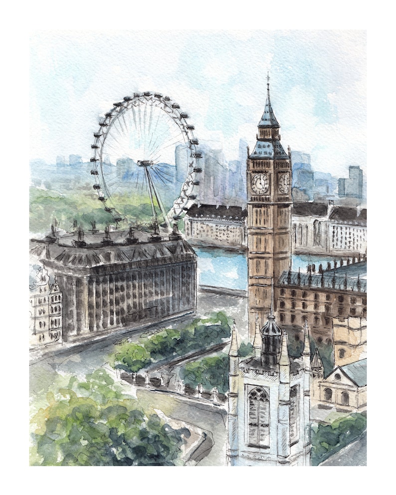 May include: Watercolor painting of London landmarks, including the London Eye Ferris wheel, Big Ben clock tower, and other buildings. The artwork features a soft color palette of blues, greens, and browns, capturing a cityscape scene under a light blue sky.