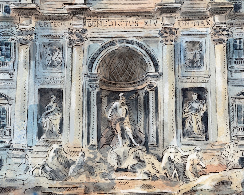 Rome print Trevi Fountain art Italy wall art Rome sketch Rome poster Trevi Fountain painting Italy watercolour Rome architecture print image 6