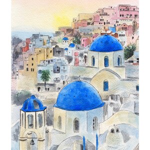 May include: Watercolor painting of a cityscape with white buildings and blue domed churches. The buildings are clustered together on a hillside, with the sea visible in the background.