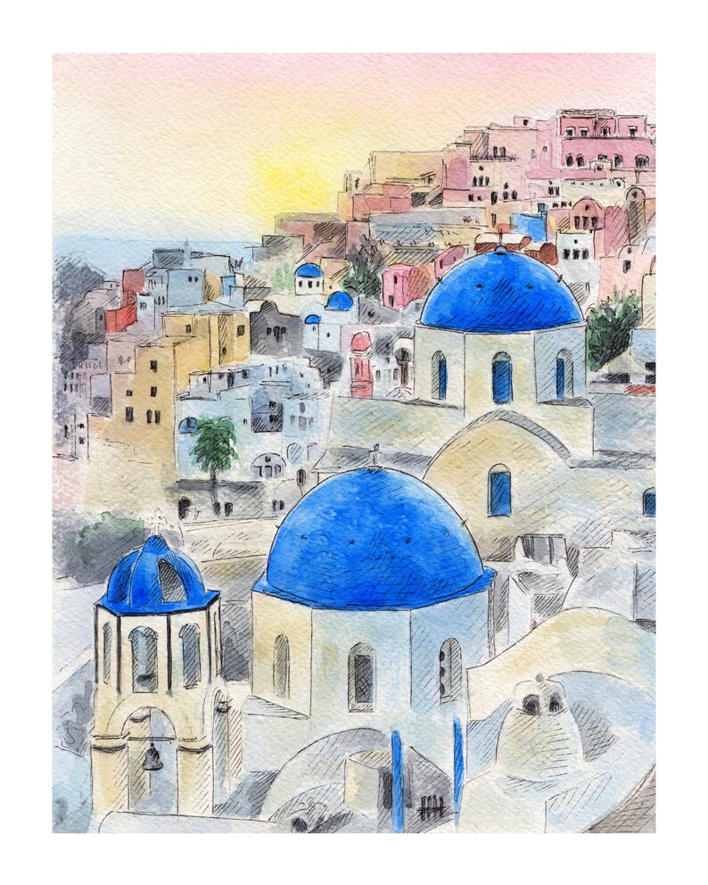 May include: Watercolor painting of a cityscape with white buildings and blue domed churches. The buildings are clustered together on a hillside, with the sea visible in the background.