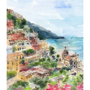 May include: Watercolor painting of a coastal town with colorful buildings on a hillside overlooking the ocean. The town is nestled between a green hillside and the blue water. A white church with a dome sits on the lower right side of the painting.