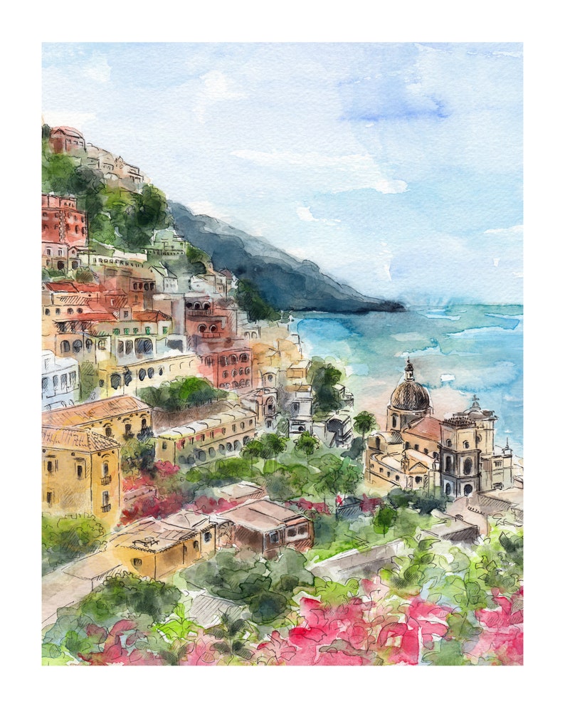 May include: Watercolor painting of a coastal town with colorful buildings on a hillside overlooking the ocean. The town is nestled between a green hillside and the blue water. A white church with a dome sits on the lower right side of the painting.