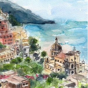 May include: Watercolor painting of a coastal town with a church in the foreground. The church has a dome and is painted in shades of yellow, orange, and brown. The town is built on a hillside and is painted in shades of blue, green, and brown. The sea is in the background and is painted in shades of blue and green.