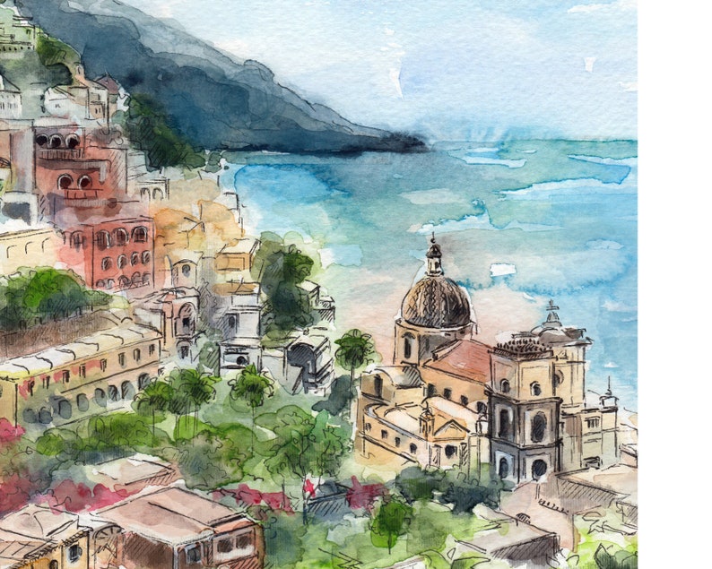 May include: Watercolor painting of a coastal town with a church in the foreground. The church has a dome and is painted in shades of yellow, orange, and brown. The town is built on a hillside and is painted in shades of blue, green, and brown. The sea is in the background and is painted in shades of blue and green.