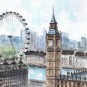 London Watercolor Print – London Eye & Big Ben Art, Neutral Wall Decor, Minimalist Cityscape, Travel Poster, UK Home Decor Gift image 9