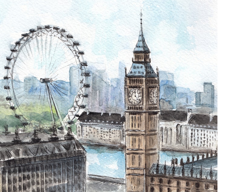 London Watercolor Print – London Eye & Big Ben Art, Neutral Wall Decor, Minimalist Cityscape, Travel Poster, UK Home Decor Gift image 9