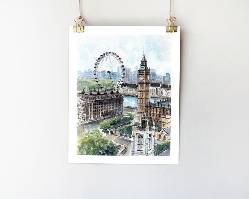 London Watercolor Print – London Eye & Big Ben Art, Neutral Wall Decor, Minimalist Cityscape, Travel Poster, UK Home Decor Gift image 1