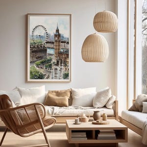 May include: A watercolor print of London's skyline, including the London Eye and Big Ben, in a wooden frame. The artwork hangs above a light-colored sofa with neutral-toned throw pillows. Two woven pendant lights hang from the ceiling.