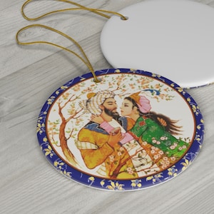 Shirin Farhad Round Ceramic Ornament.  Persian Art. Design on ONE side. Made in USA
