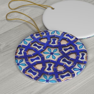 Blue Persian Tile Design Round Ceramic Ornament.  Gift option available. Design on ONE side. Made in USA