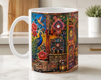Pakistani Truck Art Mug 11oz | Full Wrap Peacock Floral Mug | Desi Boho Coffee Mug | South Asian Folk Art | Cultural Gift for Chai Lovers