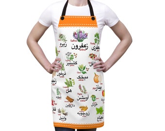 Farsi Herbs and Spices Apron - Orange Border. Farsi and English. Made in USA