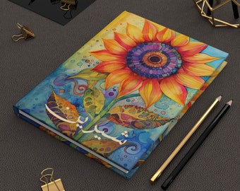 Personalized Journal Hardcover - Sunflower. English, Urdo, Farsi, Arabic. Made in USA.
