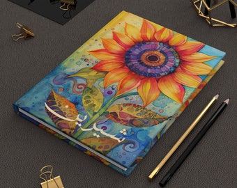 Personalized Hardcover Journal - Sunflower. English, Urdo, Farsi, Arabic. Made in USA.