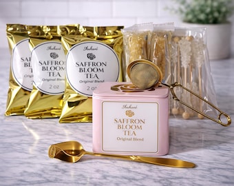 Saffron Rose Black Tea - The Golden Bloom Set: Rose Petals, Rock Candy, Gold Spoon - Made in USA